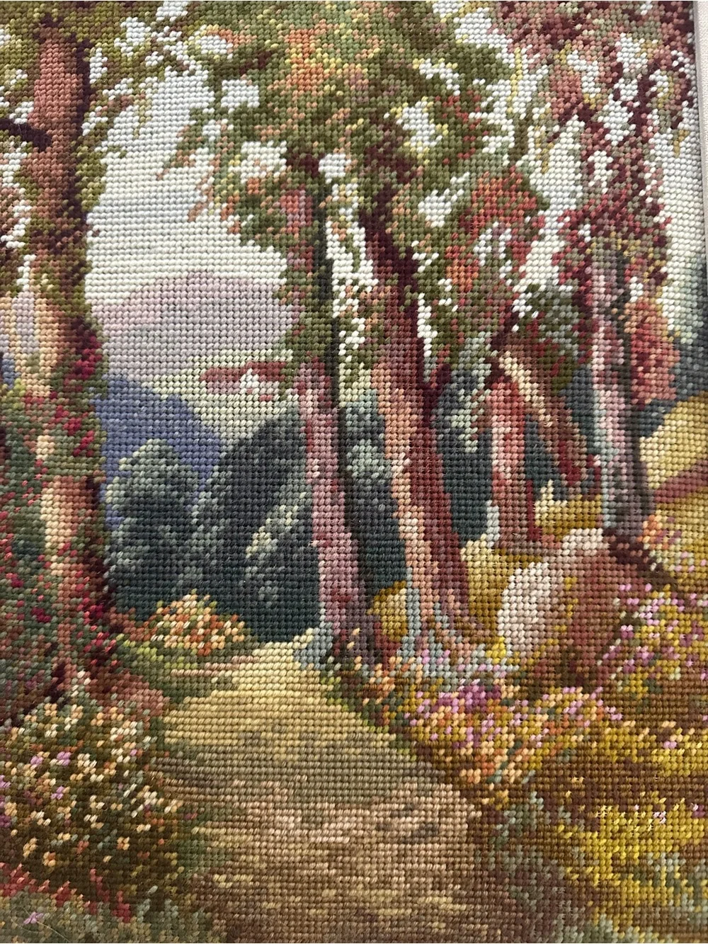 VINTAGE Handcrafted Needlepoint Forest Path Wall Art Brown and Green- 16” x 20”